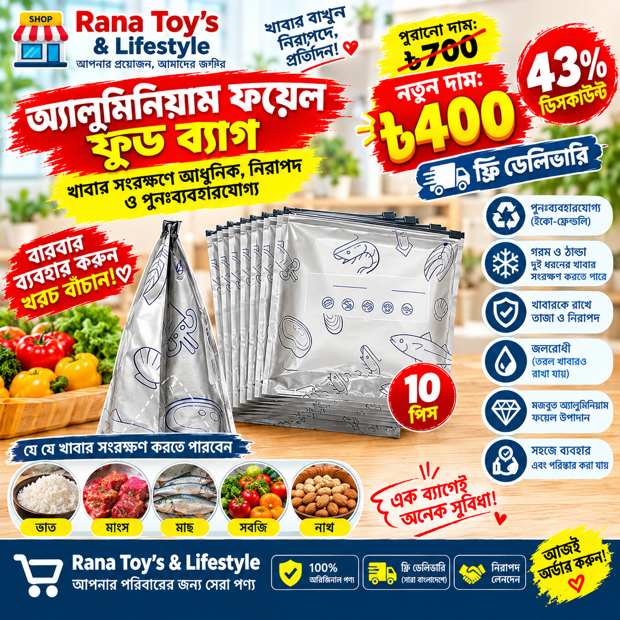 ১০ পিস অ্যালুমিনিয়াম ফয়েল ফুড ব্যাগ