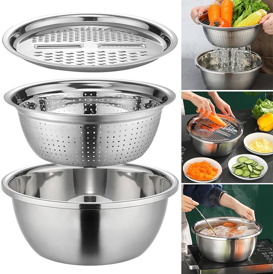 3 in 1 Stainless Steel Drain Basket Vegetable Cutter Cheese Grater Fruit Rice Food Washing Bowl Strainer Set Salad Bowl